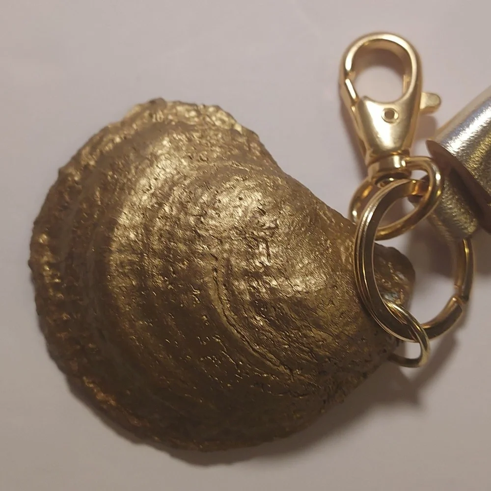 Oyster Shell Keychain Purse Charm With Leather Tassel Gold and White Coastal